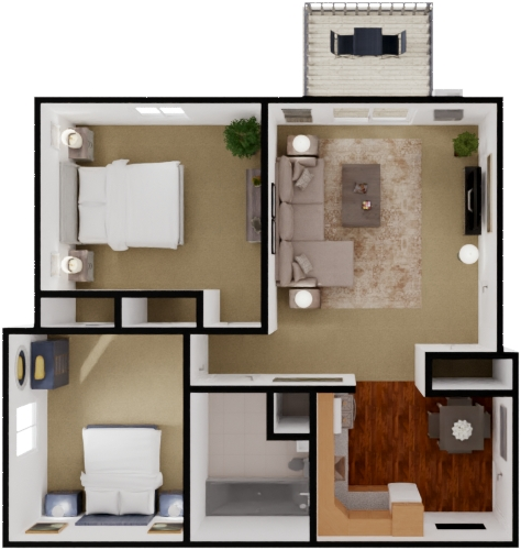 Floor plan for 2 beds, 1 bath, 733 sqft